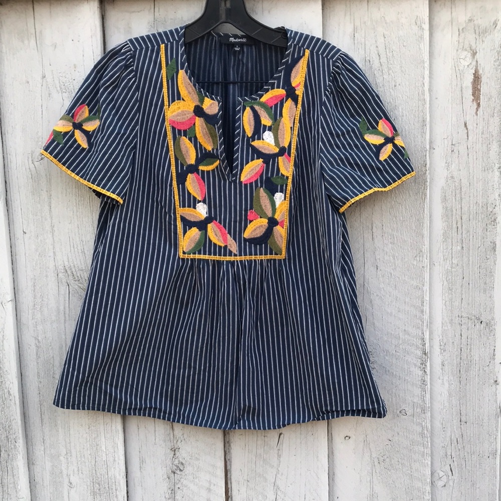 Madewell top Navy Striped with Multicolor Floral Embroidery- size small